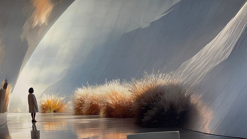 Close‑up van het EASYphoto akoestisch fotopaneel waarop een persoon in de verte te zien is, staand in een natuurlijke, surrealistische omgeving. De details van de afbeelding en de textuur van het paneel zijn duidelijk zichtbaar.