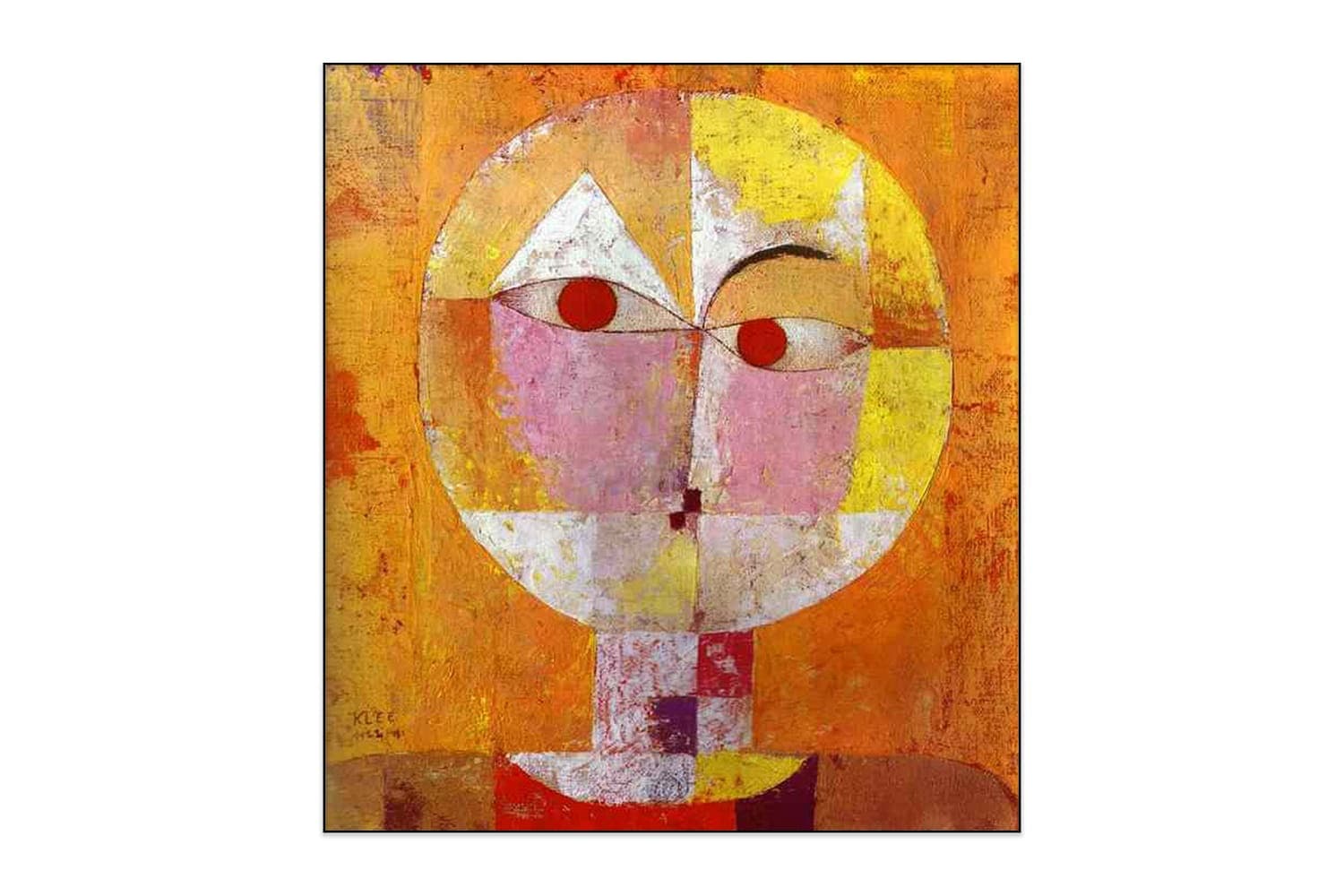 Fotopaneel met Senecio van Paul Klee. Een modern kunstwerk dat sfeer en akoestisch comfort toevoegt aan iedere ruimte.